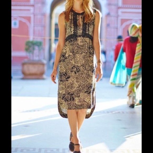 Holding Horses Anthropologie Dress Size 4 Black Tan Cream Floral Midi Sleveless - Picture 2 of 9